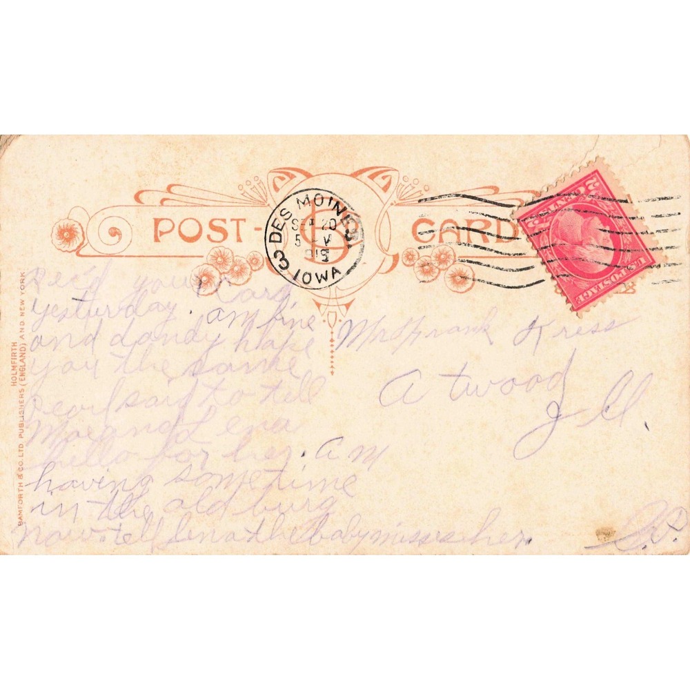 Vintage 1915 Des Moines Iowa Postcard Woman Pink Dress Bamforth Co Why Don't You - Picture 2 of 2